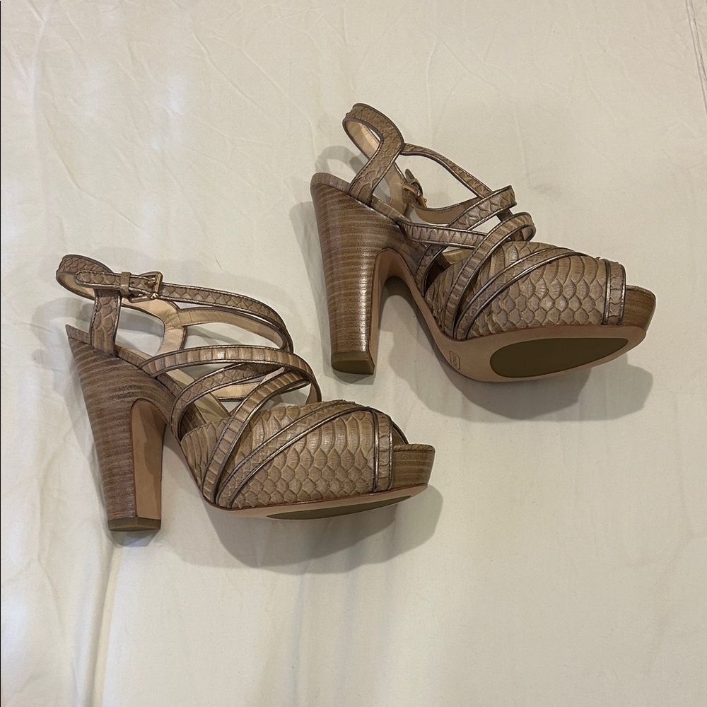 Coach Light Brown Karolina Snakeskin Print Platform Strappy Heels